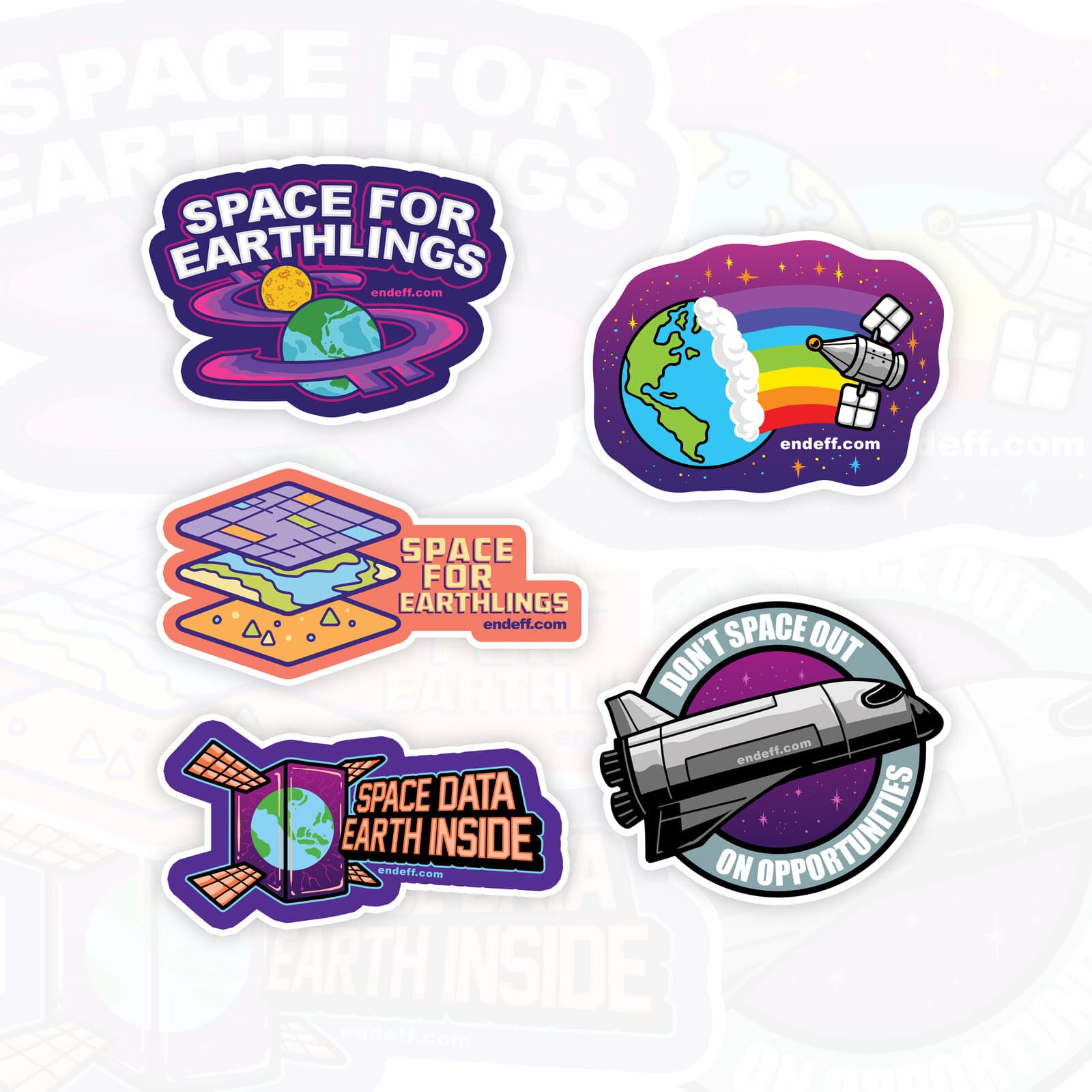 The Field Kit hero: the five Space For Earthlings sticker designs fanned out on a watermark backdrop. The sixth design (the End Effector brand mark) ships on the printed sheet but is not pictured here.